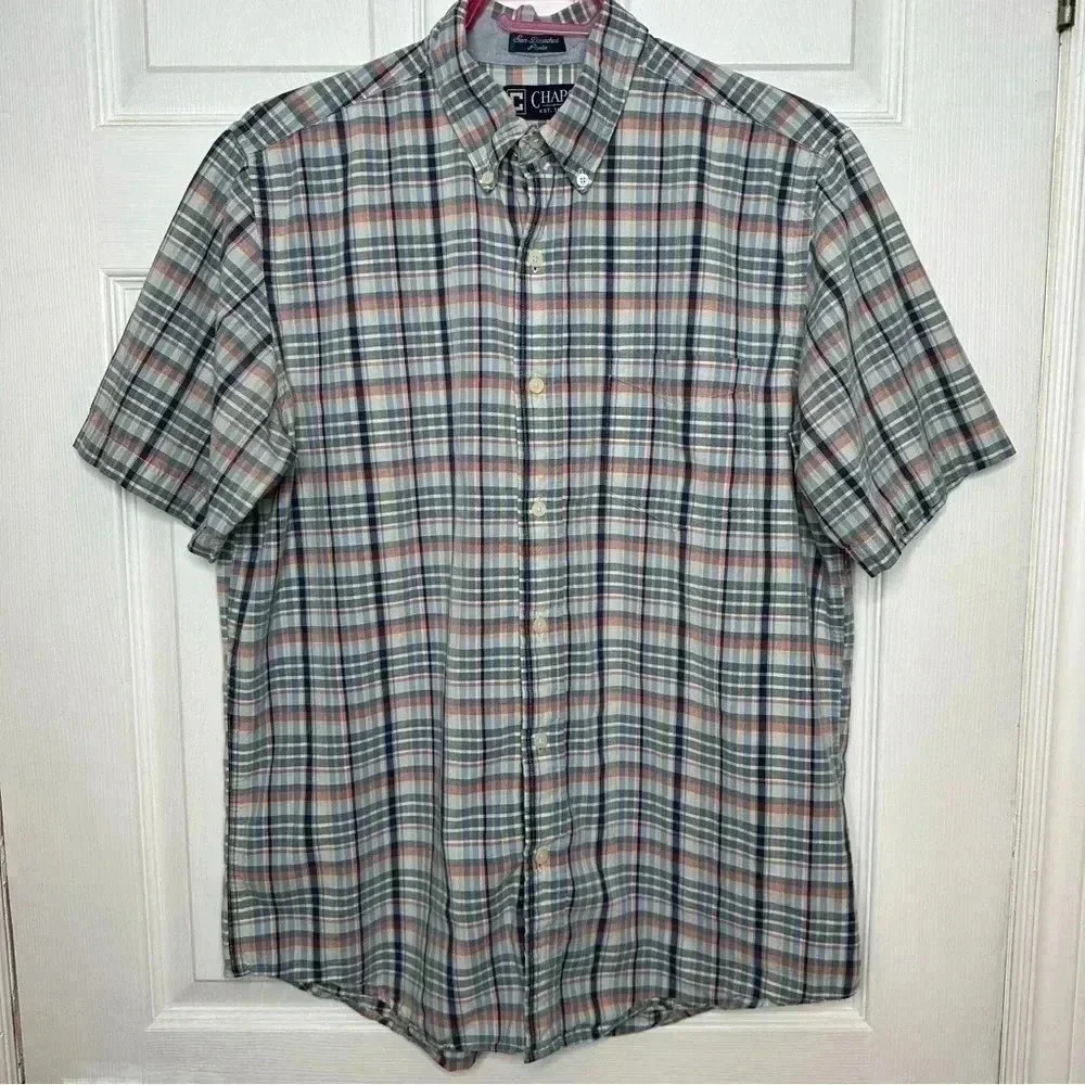 Chaps Button Down Casual Shirt Short Sleeved Collar Stripes Blue/White/Pink Med